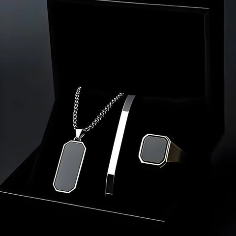 Black Onyx Men's Luxury Jewelry Set- Necklace, Bracelet & Ring