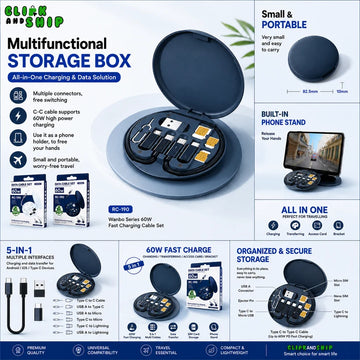 (Free Home Delivery) 5-in-1 60W Fast Charging Cable Storage Box | All-in-One Multi Charging Kit with Phone Stand