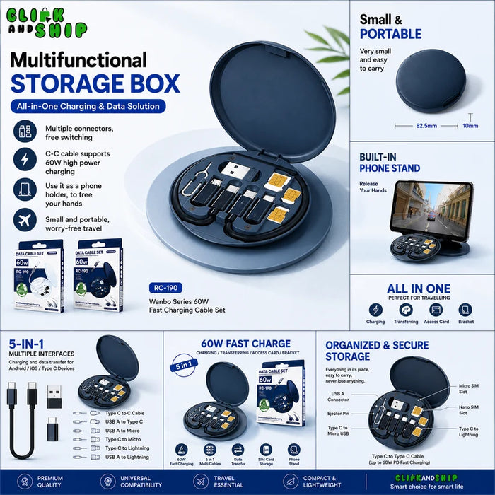 (Free Home Delivery) 5-in-1 60W Fast Charging Cable Storage Box | All-in-One Multi Charging Kit with Phone Stand