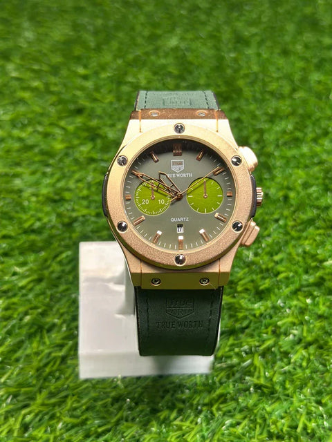 HUBLOT CLASIC FASHION LEATHER SILICON STRAPES- DATE DIAL GOLDEN WATCH