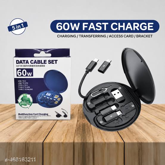 (Free Home Delivery) 5-in-1 60W Fast Charging Cable Storage Box | All-in-One Multi Charging Kit with Phone Stand