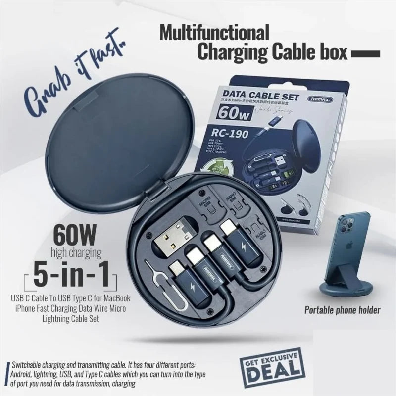 (Free Home Delivery) 5-in-1 60W Fast Charging Cable Storage Box | All-in-One Multi Charging Kit with Phone Stand